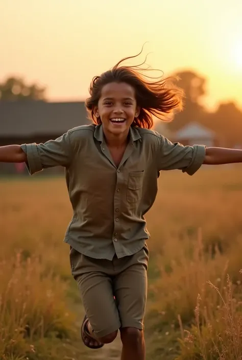 A simple-looking , with worn clothes, but a radiant smile, running through an open field at dusk.  The wind blows your hair , and its arms are open as if embracing freedom. The blurred background shows a humble village, emphasizing that joy comes from with...