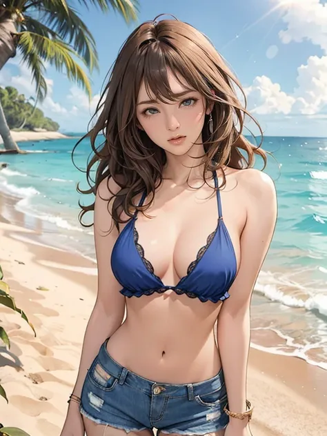 A stylish and confident anime-style young woman with light brown, wavy hair softly smiling. She has kind, expressive eyes with a playful yet mature charm, making direct eye contact with the viewer in a full-frontal view. Her gaze is warm yet captivating, d...