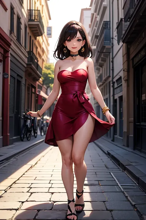 "(((ANIME GIRL))) of Colombian ethnicity of extraordinary beauty, seen from head to toe, standing, panoramic shot on the esplanade of the Puerta de Alcalá, in Madrid, Spain. On a warm summer day, at midday, clear sky of a vibrant blue and intense sunlight ...