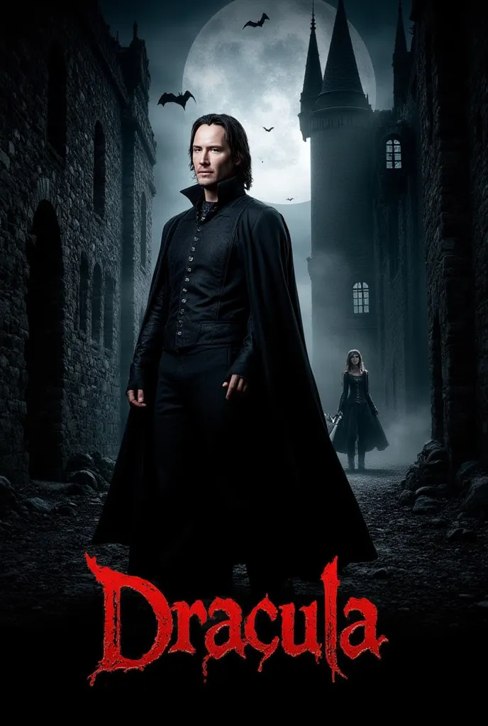 Create a dark, gothic poster featuring Keanu Reeves as Dracula, his piercing eyes glowing red, standing in the shadows of his ancient, crumbling castle. His cape billows dramatically, and faint silhouettes of bats can be seen in the moonlight. Jenna Ortega...