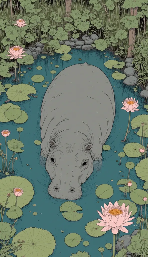 
shot from above、fisheye lens、モネの池の中を進むHippopotamus painting画、Quint Buchholz depicting a hippopotamus in a water lily pond, Tumbler, conceptual art, hippopotamus swimming in water, in a Hippopotamus painting, At the pond, Studio Ghibli style paint , Hippop...