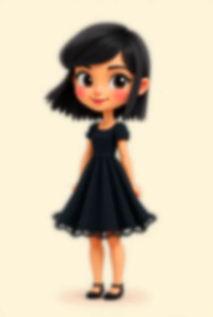 A cartoon girl wearning black dress stand straight posture