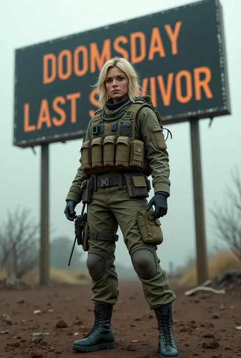 Blonde British military woman, as tactical as possible with a sign behind that says Doomsday Last Survivor 