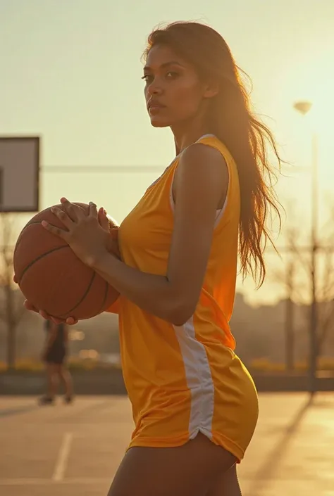 high quality, 8K ultra HD, A beautiful double exposure combining a goddess silhouette, lightly dressed in a yellow basketball shirt, Show off your huge butt, And hold a basketball, On a solitary street basketball court. huge breasts,  athletic body.