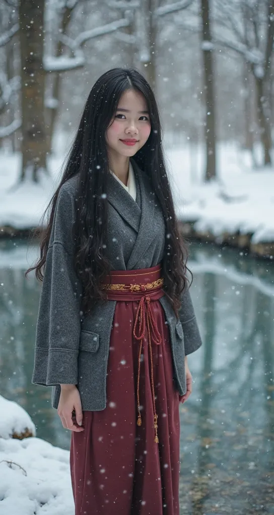  High quality. A real Oriental Japanese girl with 18 years old with beyond floor length black hair and see her "whole" body wearing thick lambswool traditional Wafuku standing nearby hot springs inside the forest, must see her whole body. The scenario of f...