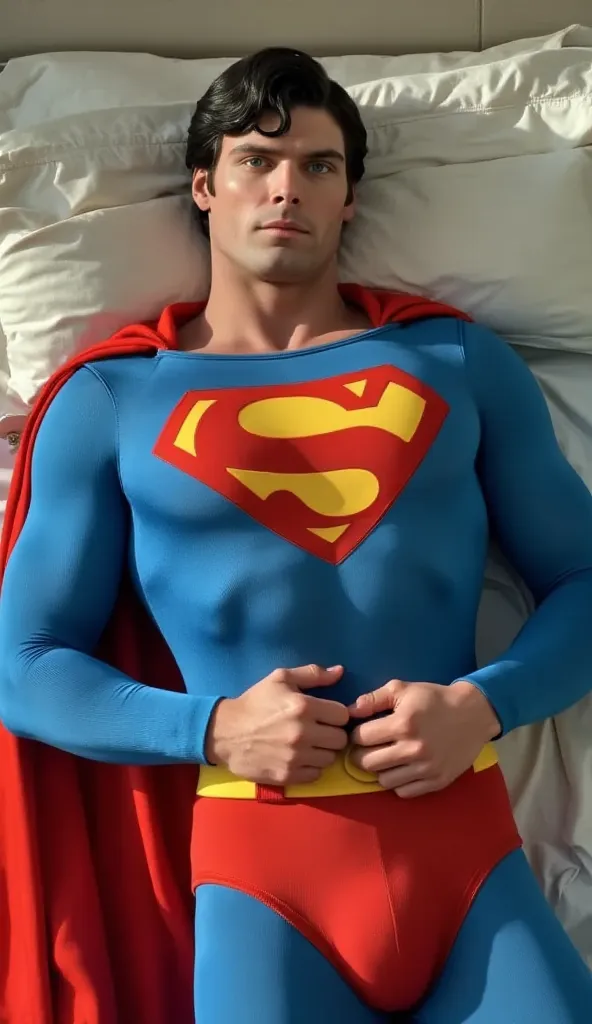 Superman lies on the bed of the hotel.  They kissed each other  . His Journalist Blond Male Friend Lying On Superman , Touch Superman's Rib With His Hands.Journalist Blond Boyfriend Kisses Superman. kiss love ，enter the room in the morning sunlight

Superm...