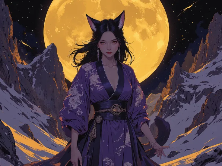 A malevolent kitsune, a nine-tailed fox spirit, stands amidst a craggy mountain pass, bathed in the eerie glow of a full yellow moon. She is a young woman of East Asian descent, aged 20-25, exuding predatory grace. Her poised stance, with one leg slightly ...
