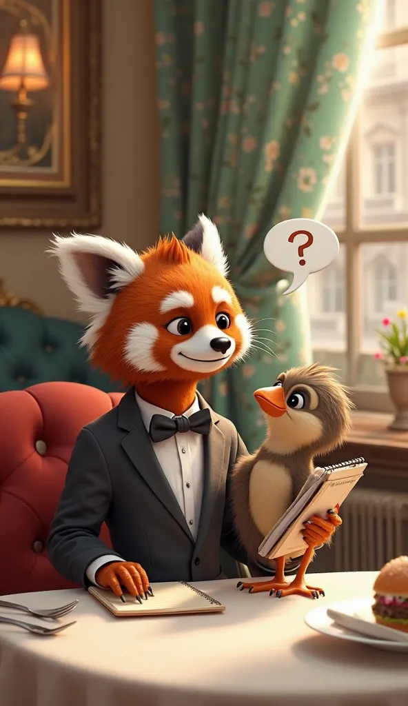 "Ravi, the adorable anthropomorphic red panda, who is sitting at the restaurant table is greeted by a waiter who looks like an anthropomorphic sparrow who serves Ravi in a charming Parisian restaurant. The sparrow, wearing an elegant uniform and with a pro...