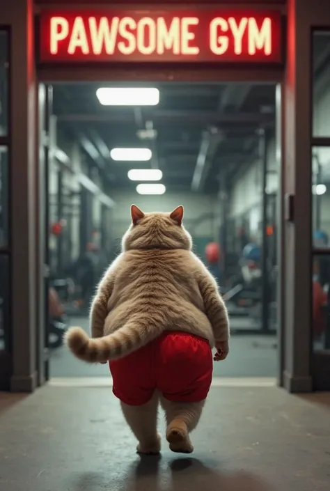 The image shows a plump cat, walking towards the entrance of a gym called "PAWSOME GYM". The cat wears red shorts, covering part of its furry body, leaving its tail exposed.  The gym environment , visible through the glass doors, contains bodybuilding equi...