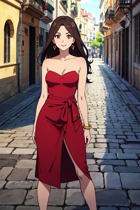 "(((ANIME GIRL))) of Colombian ethnicity of extraordinary beauty, seen from head to toe, standing, panoramic shot on the esplanade of the Puerta de Alcalá, in Madrid, Spain. On a warm summer day, at midday, clear sky of a vibrant blue and intense sunlight ...