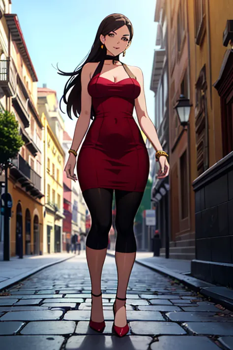 "(((ANIME GIRL))) of Colombian ethnicity of extraordinary beauty, seen from head to toe, standing, panoramic shot on the esplanade of the Puerta de Alcalá, in Madrid, Spain. On a warm summer day, at midday, clear sky of a vibrant blue and intense sunlight ...