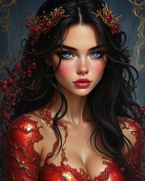 oil painting hyperrealistic fantasy, beautiful 25-year-old Russian MERMAID with Russian features, jet-black hair very long and wavy perfectly, sapphire blue eyes, shiny reddish lip gloss, white skin de porcelana como muñeca,  pink cheeks,  Her skin has a t...