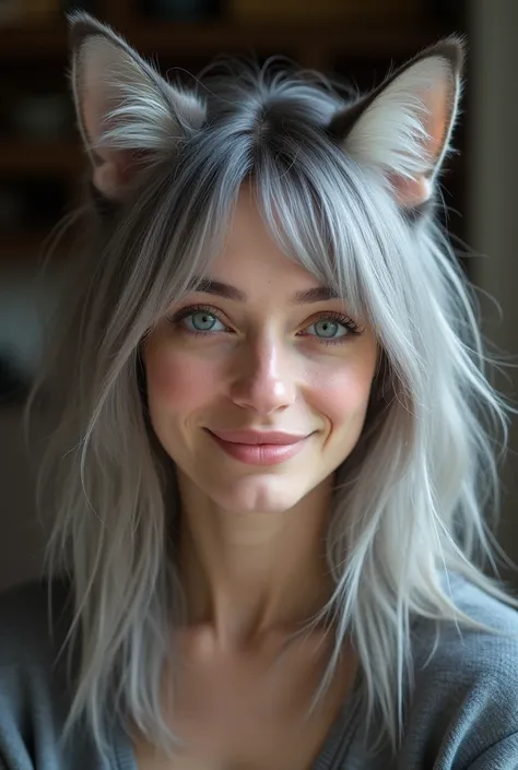 (masterpiece: 1.2, best quality), (real photo,  intricate details ), 1. Lady , Alone, upper body, informal,  Medium length hair ,  simple makeup , Natural fibers,  close up of the face ,  A smile , house,  gray hair ,  blue eyes, Cat ears ,