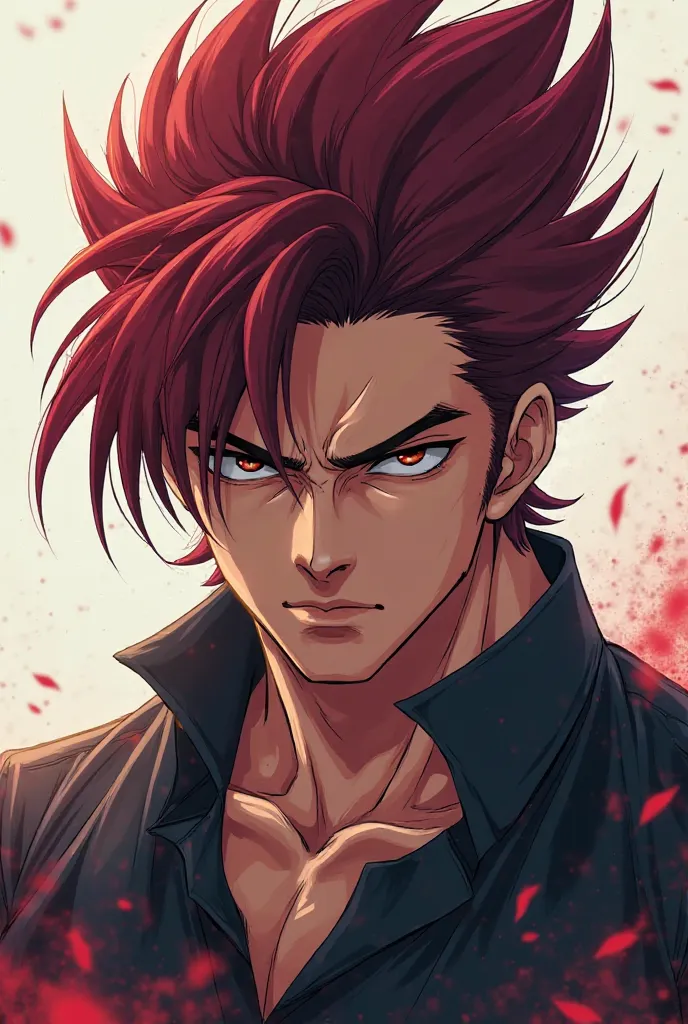 an anime man with tall wine red hair and stoic face