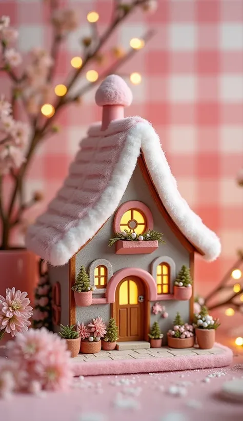 small miniature house、European cute house、The background is a pink and white plaid、high image quality、Real but fairytale
Pinto 、 SLR during homework、Lots of tiny little lights on the background