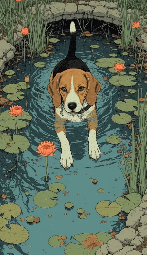 shot from above、fisheye lens、painting of a beagle going through Monet's pond、Quint Buchholz depicting a bogle dog in a water lily pond, Tumbler, conceptual art, a picture of a beagle dog swimming in water, in a picture of a beagle dog, At the pond, Studio ...