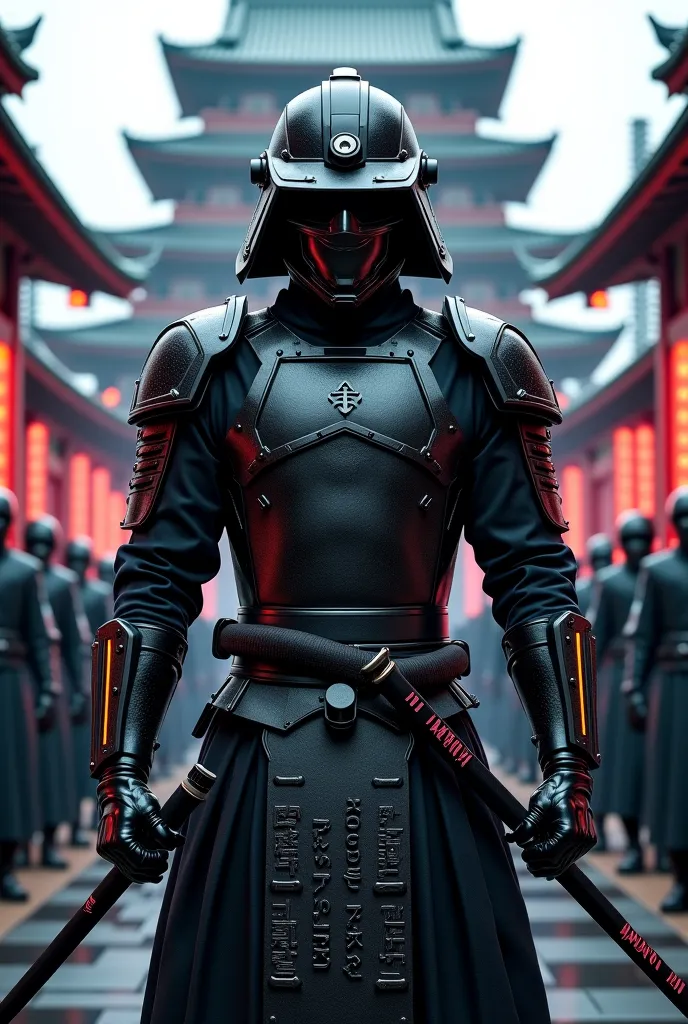 A high resolution portrait of a Captain of the Imperial Guard who is a lean sleek male cyberpunk kendo warrior looking at the viewer, wearing a cyberpunk version of a black (with red highlights) kendōgu (Sword Tools ) which includes: (1) black helmet with ...