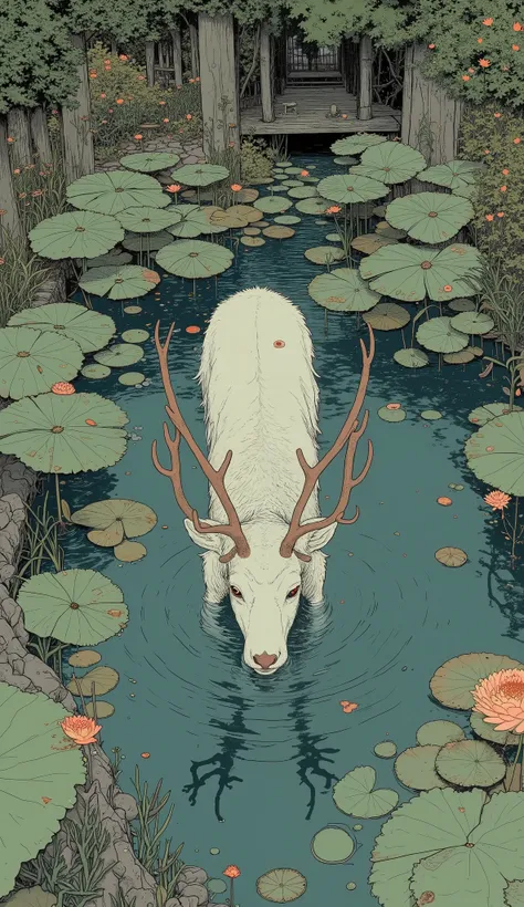 shot from above、fisheye lens、painting of a reindeer walking through Monet's pond、Quint Buchholz depicting a reindeer in a water lily pond, Tumbler, conceptual art, reindeer swimming in water, in a reindeer painting, At the pond, Studio Ghibli style paint ,...
