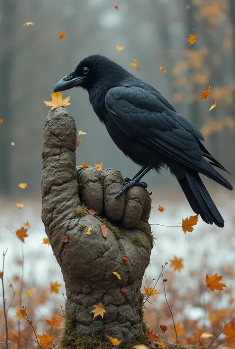 The center of the composition is huge, like petrified, finger (memory symbol), из которого black ворон вытаскивает занозу.  The finger is covered with cracks, Moss, possible, Partially destroyed. Fallen leaves swirl around it, like gold leaf,  In the wind ...