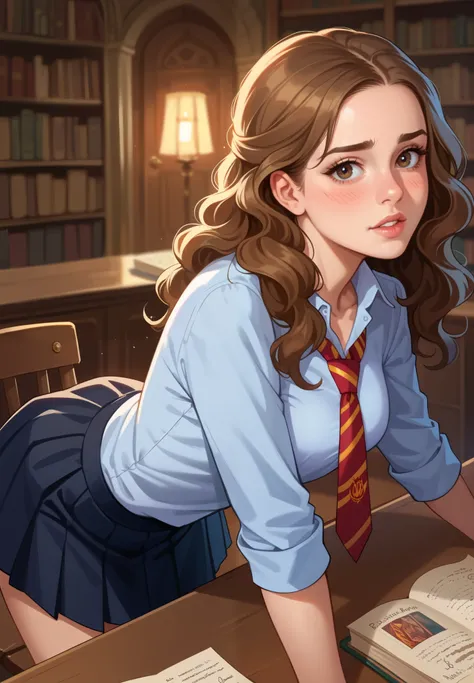 1girl, solo, Hermione Granger, Harry Potter, shy, hogwarts school uniform, parted lips, blush, skirt, bent over a desk, sexy pose, alluring , from behind, BREAK, magical study filled with bookshelves, (night time:1.2), cinematic lighting, nsfw,