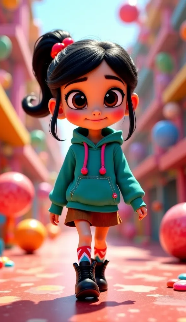 A realistic photograph of a small girl with fair skin, walking towards the camera in a vibrant, colorful scene filled with candy-like shapes and sugar-coated elements. Her black hair is tied in a ponytail with a red candy-shaped hair tie, and bits of candy...