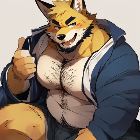 fox, furry, yellow fur, handsome, very muscular, very big, extremely hot and sexy, beard, hair, chest hair, charming eyes, solo, male, happy expression, daddy, full body, big body, clothes, middle aged, by hyaku, by darkgem, by glitter trap boy