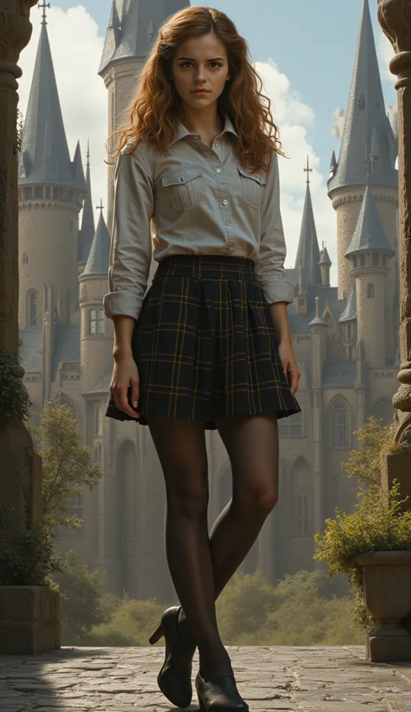 Head to toe picture of hermion granger.wearing school girl costume.sheer black pantyhose.high heels.standing in hagwarts.
