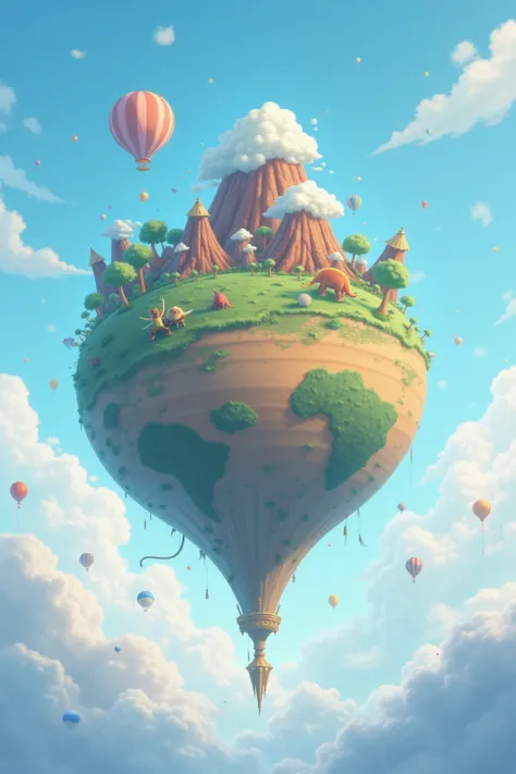 "Imagine an enchanted planet in Disney simple cartoon 2d style , suspended in a blue sky surrounded by soft white clouds. On planet, majestic dinosaurs like Trex and stegosaurs and volcanoes . Use pastel colors and warm light to evoke a magical and dreamy ...