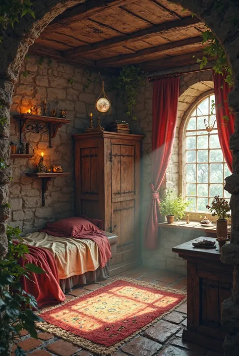 A small apartment room, With a bed a wardrobe, On the fantasy theme, Medieval era and era of magic, Let it be in a simpler and easier way to recreate 