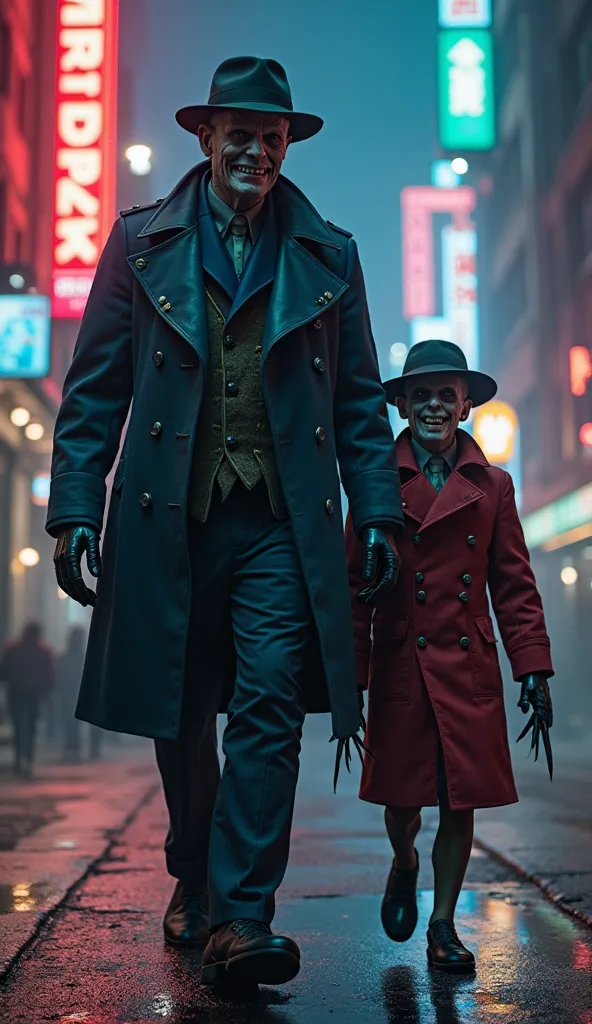 A dark, cinematic cyberpunk city at night, illuminated by glowing neon lights. Two terrifying twin brothers, known as the 'Kruger Twins,' walk down the street with an ominous presence. One twin is a towering, monstrous giant, dressed in a navy-blue trench ...