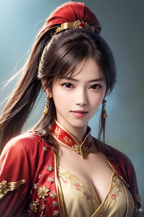 The upper body of a female warrior wearing red and gold armor and cloak, 1 person, cute ponytail ,Age 30, (((Real Face))), slightly larger breasts and cleavage, exposes cleavage,Scary face,  very fine face and skin texture , staring at camera,   Chinese Wa...