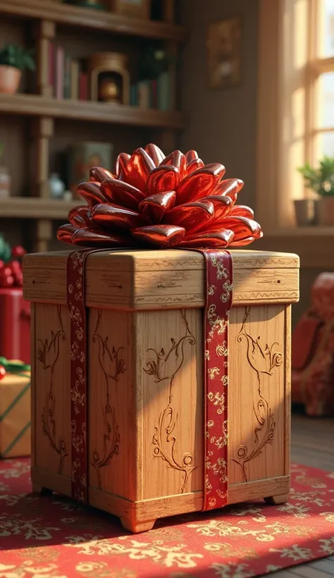 A highly detailed Pixar-style 3D render of a large, wooden mousetrap cleverly disguised as a wrapped gift box