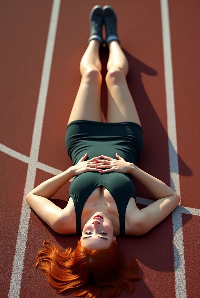 Athlete with size C breasts, alongée sur une piste d'athlétisme.  top view. She is redheaded .. Age 27 years.. Elle regarde la caméra . Elle a les jambes écartées. Les mains sur les cuisses