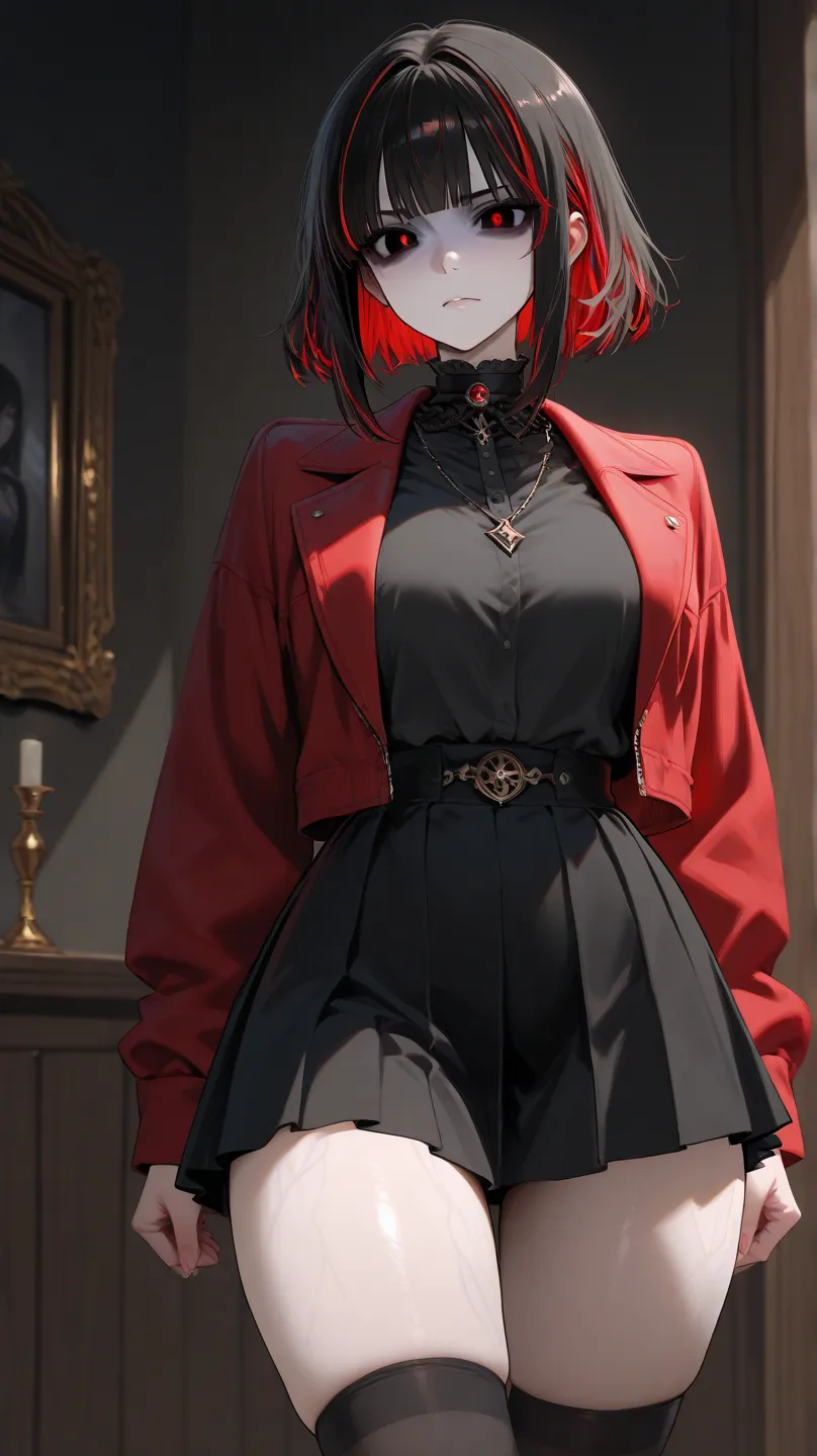 A ash pale skin goth girl short black bob long fringe red highlight hair black eyes black goth shirt,red jacket,black skirt,thick thigs,bulging veins,