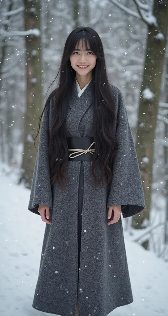  High quality. A real Oriental Japanese girl with 18 years old with beyond floor length black hair and see her "whole" body wearing thick lambswool traditional Wafuku standing nearby hot springs inside the forest, must see her whole body. The scenario of f...