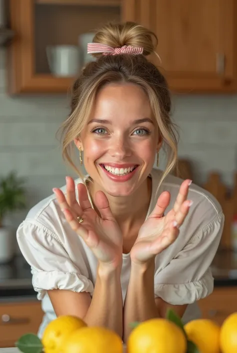 white woman, kitchen, smile, lemons, manicure, winking playfully, the woman has a ribbon on her head, she is a humorous image