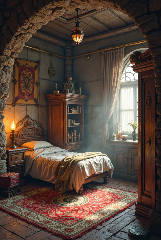 A small apartment room, With a bed a wardrobe, On the fantasy theme, Medieval era and era of magic, Let it be in a simpler and easier way to recreate 