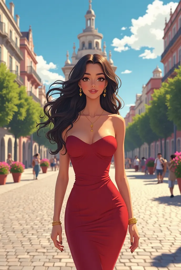 "(((ANIME GIRL))) of Colombian ethnicity of extraordinary beauty, seen from head to toe, standing, panoramic shot on the esplanade of the Puerta de Alcalá, in Madrid, Spain. On a warm summer day, at midday, clear sky of a vibrant blue and intense sunlight ...