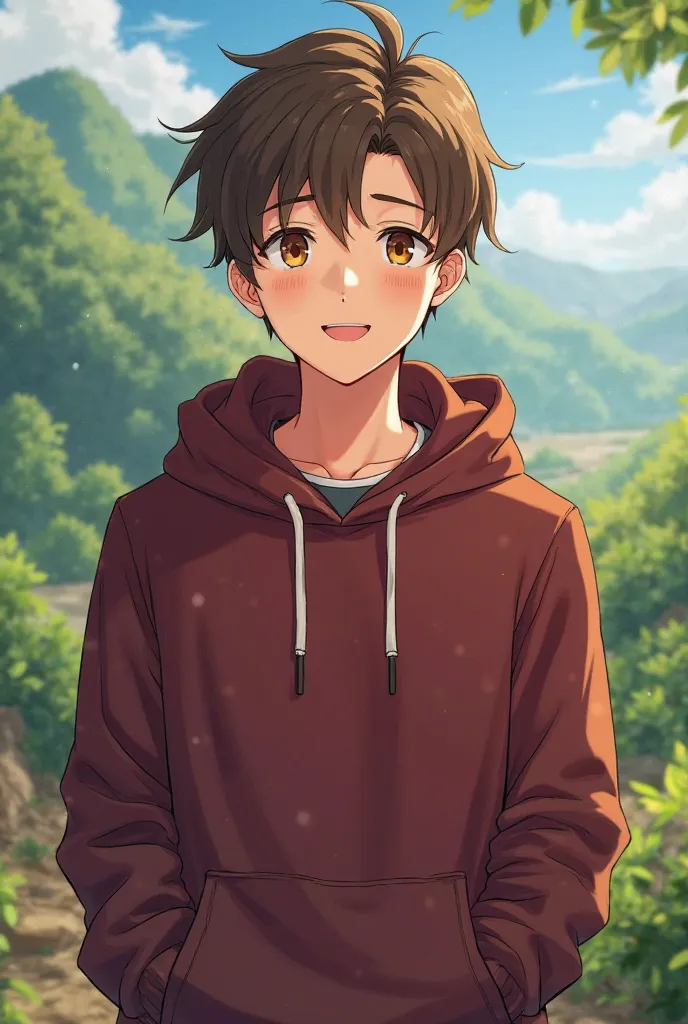  Anime boy,(20 years),brown eyes , brown hair, hoodie marron ,Power Earth,happy