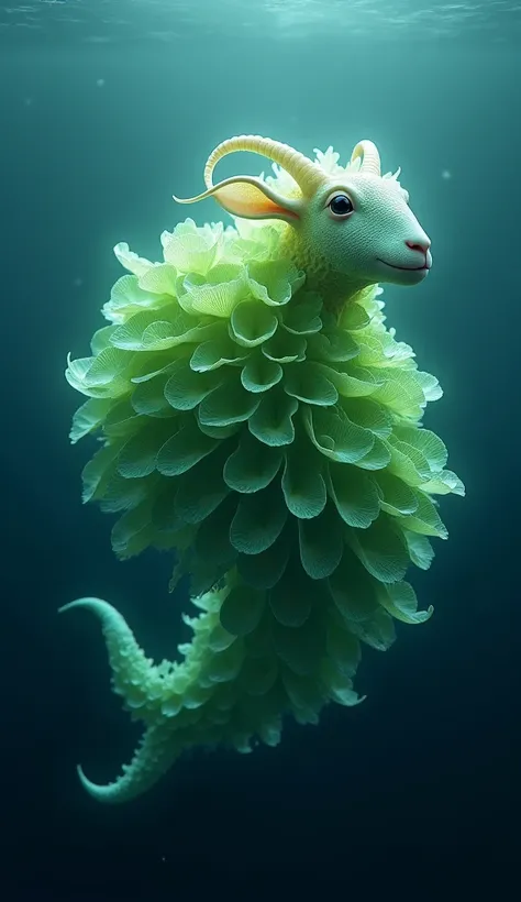 A surreal-looking "leaf sheep" underwater, with vibrant green leaf-like structures on its body, glowing softly under the ocean light.