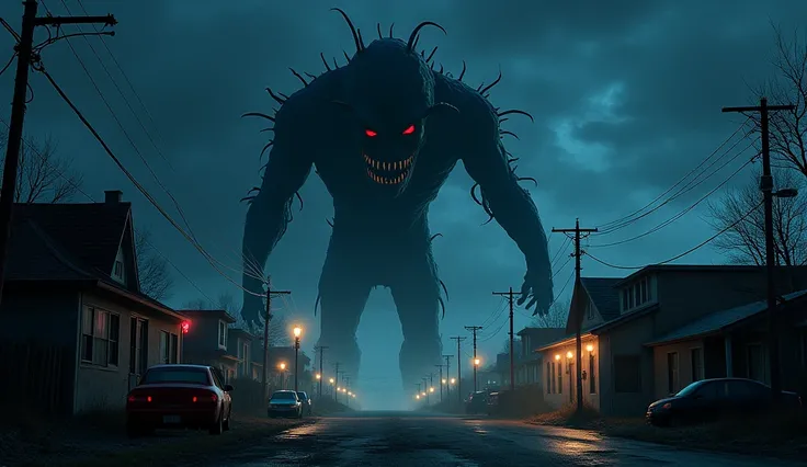 A small town disturbing creature at night " A terrifying anime-style scene ,  with a dark and spooky environment .