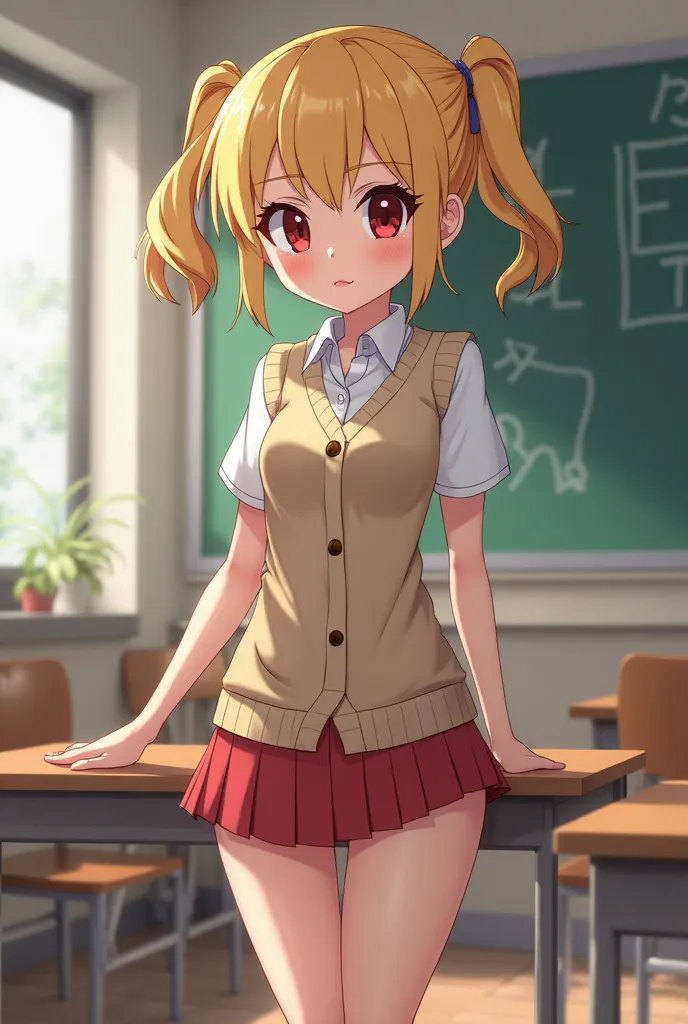 Highly detailed, Gwen from Ben ten, slender legs, thin waist, anime, mini skirt, anime style, in classroom, normal sized body, detailed shadows, sexy eyes, highly detailed eyes, white short sleeve shirt, light brown sweater vest