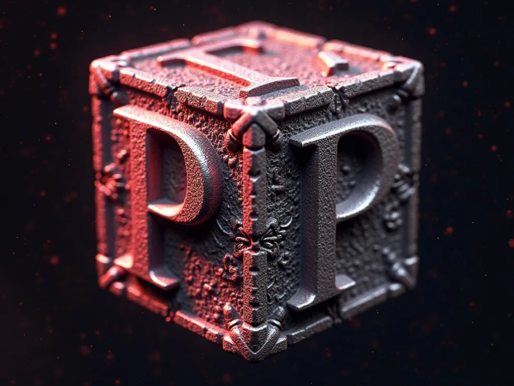 Make a cube, with pinkish red details, and on the sides the letter (P) is written in an ultra detailed style, the letter Ne is in the middle of the cube, the letter (P) is ultra detailed with ancestral marks, and all sides show the letter (P), the (P) is d...