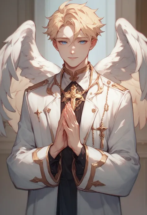 Anime angel boy drawing with slim build and fine features , blue eyes, white skin long blond hair , wearing a long white coat with her hands praying