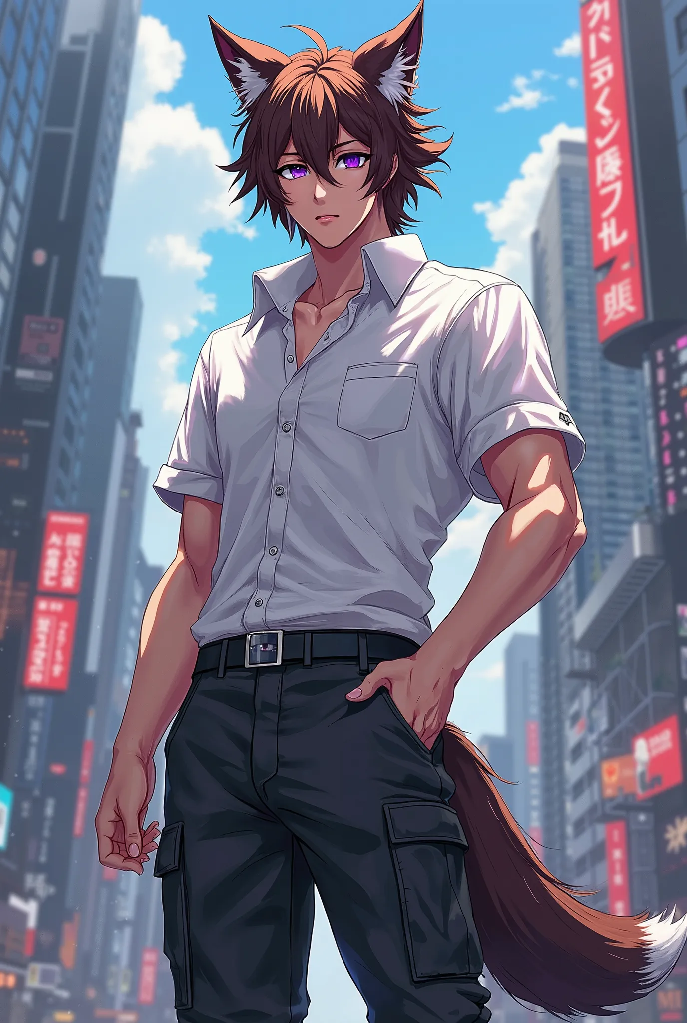 Anime style, full body, adult man with medium length brown hair, purple eyes, wolf ears and wolf tail, no human ears, toned build, wearing a white shirt and black cargo pants, city setting.