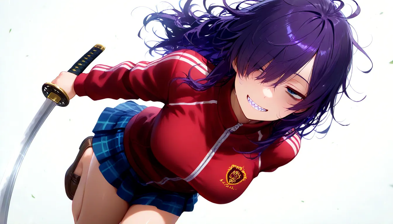 (masterpiece, best quality, amazing quality, very aesthetic, absurdres, newest:1), masterpiece,best quality,amazing quality, 1girl,solo,solo girl,long hair,dark purple hair, ((messy hair)), hair over one eye,bags under eyes , jitome ,half closed eyes,grin ...