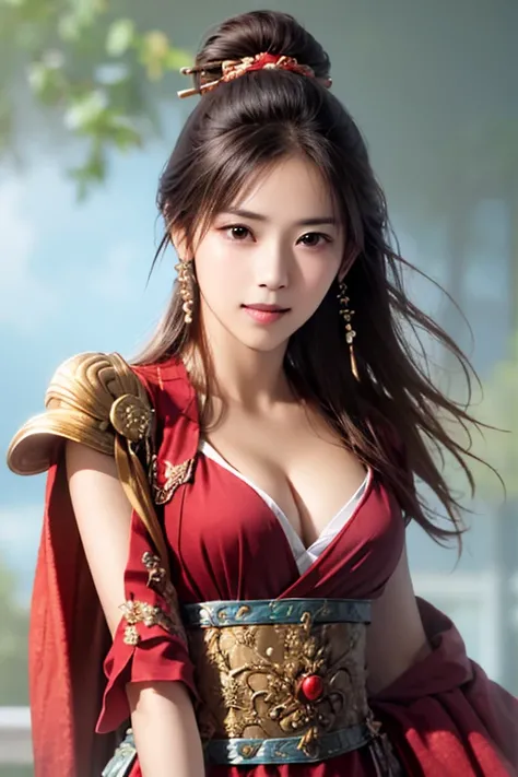 The upper body of a female warrior wearing red and gold armor and cloak, 1 person, cute ponytail ,Age 30, (((Real Face))), slightly larger breasts and cleavage, exposes cleavage,Scary face,  very fine face and skin texture , staring at camera,   Chinese Wa...