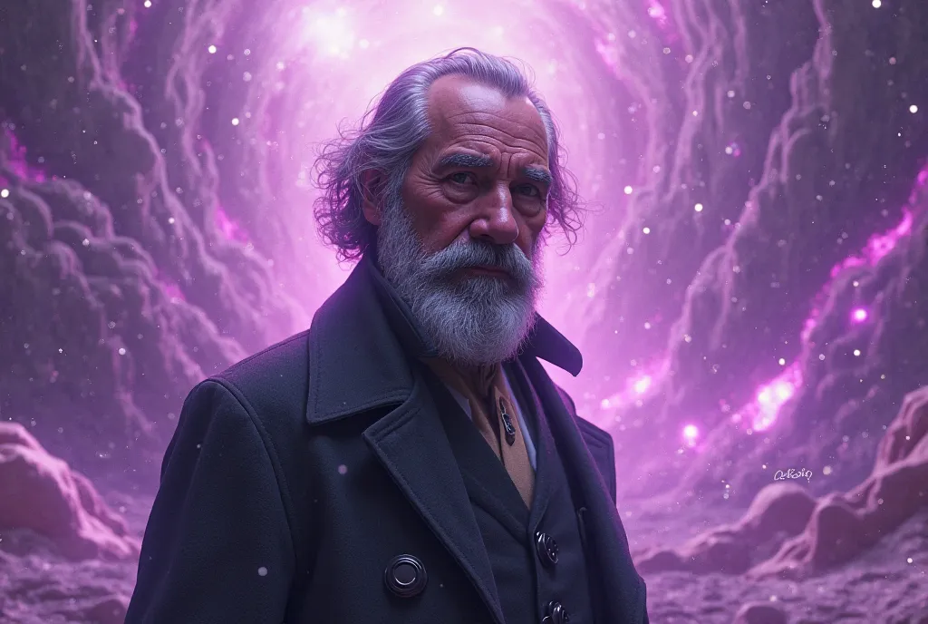 Make an image showing Guillermo Marconi's face in an epic and very legendary environment with purple colors that the environment has to do with transatlantic radio signal waves