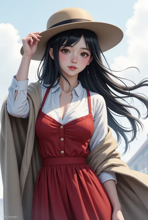  girl。clothes are white shirt under red dress、hair is black and looks long and fluttering like、holding down my head with my right hand so the hat doesn't fly off、I forgot to tighten the upper button my modest chest peeking through a gap between my clothes、...