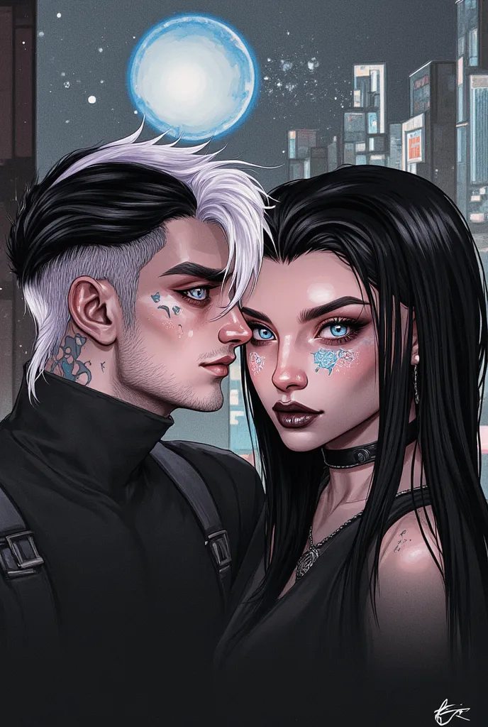 a close-up, (( a young man and a young woman )), ((couple))  a man with an undercut hairstyle ,   IMVU,  ((He has black and white hair)),  penetrating look ,   second life avatar  , Punk hair for men ,  both have tattoos  ,  dark penetrating eyes , Detaile...